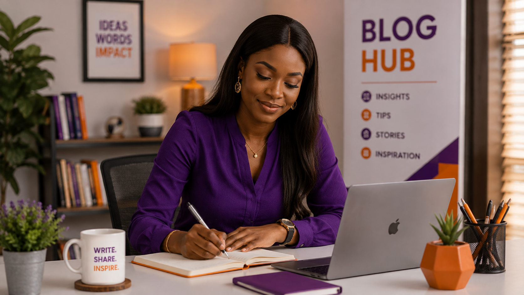 Nigerian professional writing at a desk with a laptop and coffee
