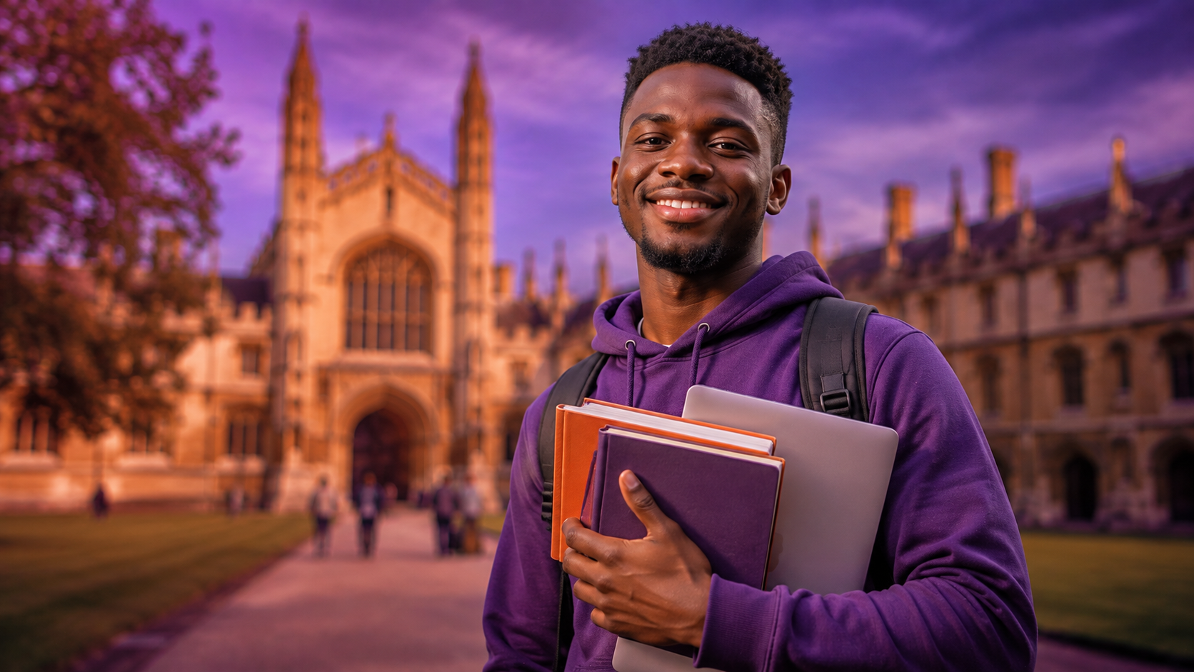 Nigerian university student holding books and a laptop